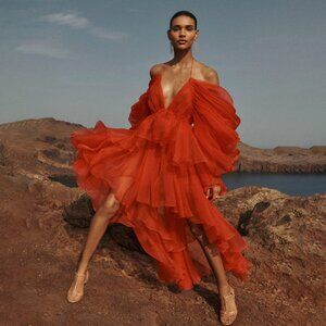 Zimmermann Natura Gathered Mini Dress Spring 2024 Tomato Red Size AU 3 US 10 NWT